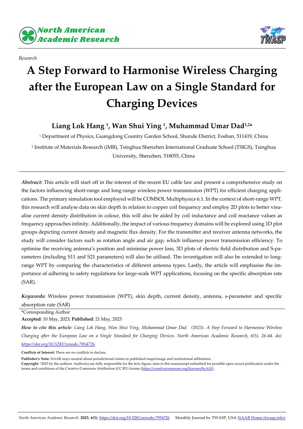 First page of the published wireless charging paper